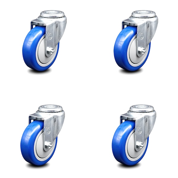 4 Inch Blue Polyurethane Wheel Swivel Bolt Hole Caster Set